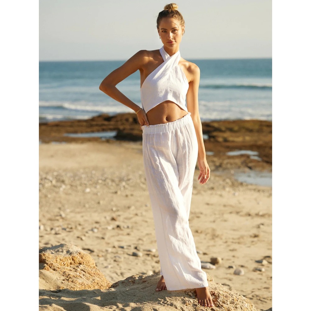 NWT PQ Swim Linen WHITE Wide Leg Pants Size XS/S Beach Summer Matching Top avail